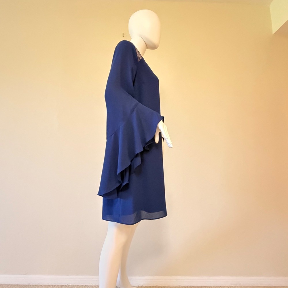 NWT Halston Heritage Lace Insert Dress Navy Blue Ruffle Sleeve Mini Dress Size 8 - Picture 4 of 15
